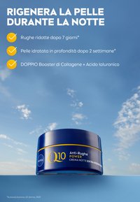 Crema notte NIVEA Q10 Anti-Rughe Power in un contenitore rotondo blu con un accento dorato, che mostra una superficie liscia e dettagli dell'etichetta chiari.