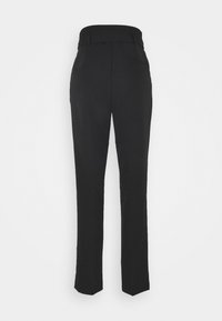 Zwarte, rechte broek met een hoge taille, gladde stof en twee achterzakken, met een nette afwerking en een op maat gemaakt ontwerp.