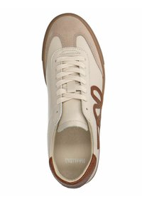 Beige leather sneaker with a suede toe, cream laces, and a brown accent on the heel. Features a textured logo on the side. Flat sole.