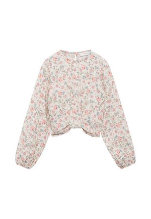 Langærmet cropped bluse med lyserødt og blåt blomsterprint på hvid baggrund, med rund halsudskæring og knaplukning bagpå.
