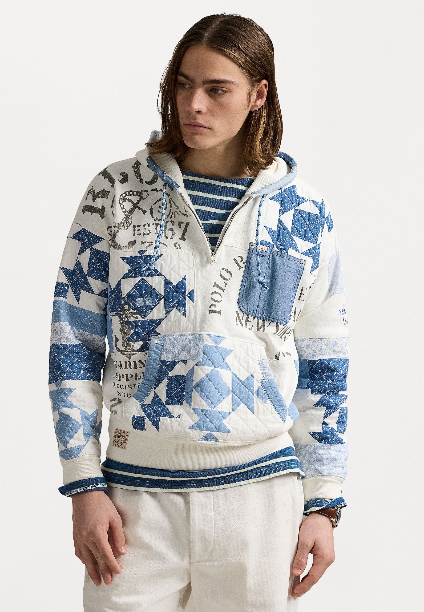 sweatshirt met patchwork en fleece met capuchon, lange mouwen en