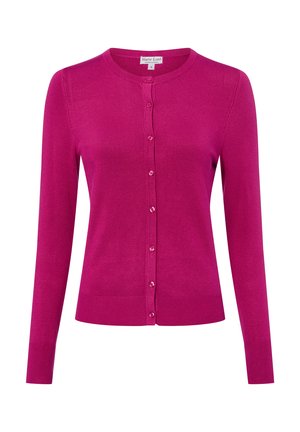 Fuchsia cardigan made of soft knit fabric, featuring a round neck, long sleeves, and a button front closure with matching buttons.