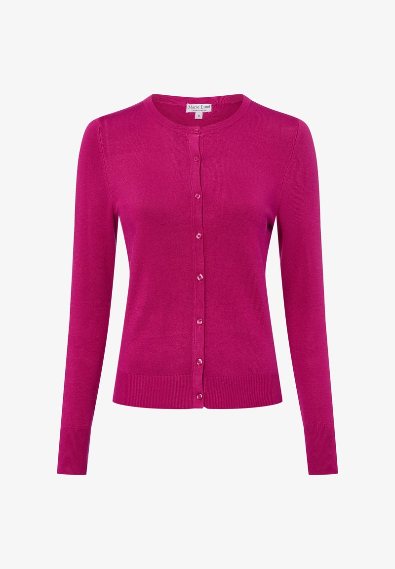 Fuchsia cardigan made of soft knit fabric, featuring a round neck, long sleeves, and a button front closure with matching buttons.