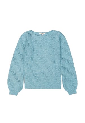 Suéter de punto azul claro con un patrón de ola texturizado, cuello redondo, mangas largas y puños y dobladillo de canalé.