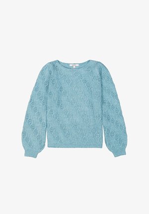 Hellblauer gestrickter Pullover mit einem strukturierten Wellenmuster, runden Ausschnitt, langen Ärmeln sowie gerippten Bündchen und Saum.