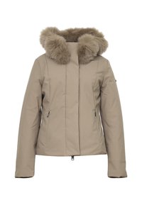 Giacca isolante beige con cappuccio in pelliccia sintetica removibile, due cerniere laterali, texture trapuntata e vestibilità aderente.