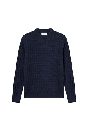 Granatowy sweter dzianinowy z teksturowanej tkaniny, z okrągłym dekoltem i długimi rękawami w kratkę.