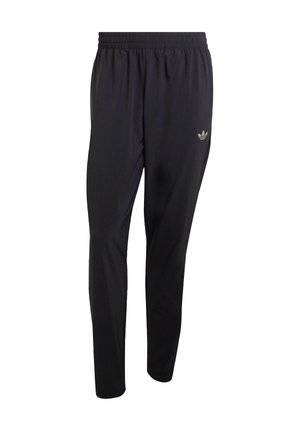 Black athletic pants made of lightweight material, featuring an elastic waistband and a small embossed logo in the upper left leg area.