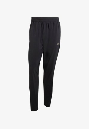 Black athletic pants made of lightweight material, featuring an elastic waistband and a small embossed logo in the upper left leg area.