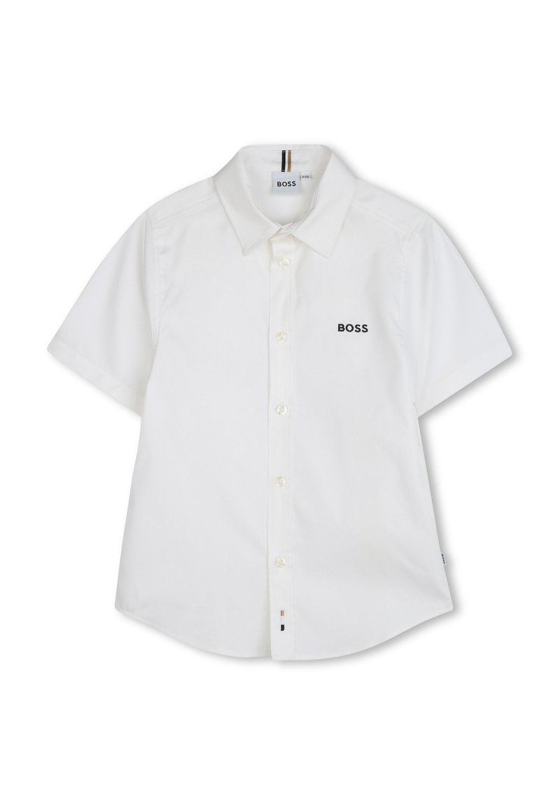 Katoenen witte overhemd met korte mouwen en een button-down kraag. Heeft een klein zwart 'BOSS' logo en een contrasterende gestreepte detail aan de zoom.