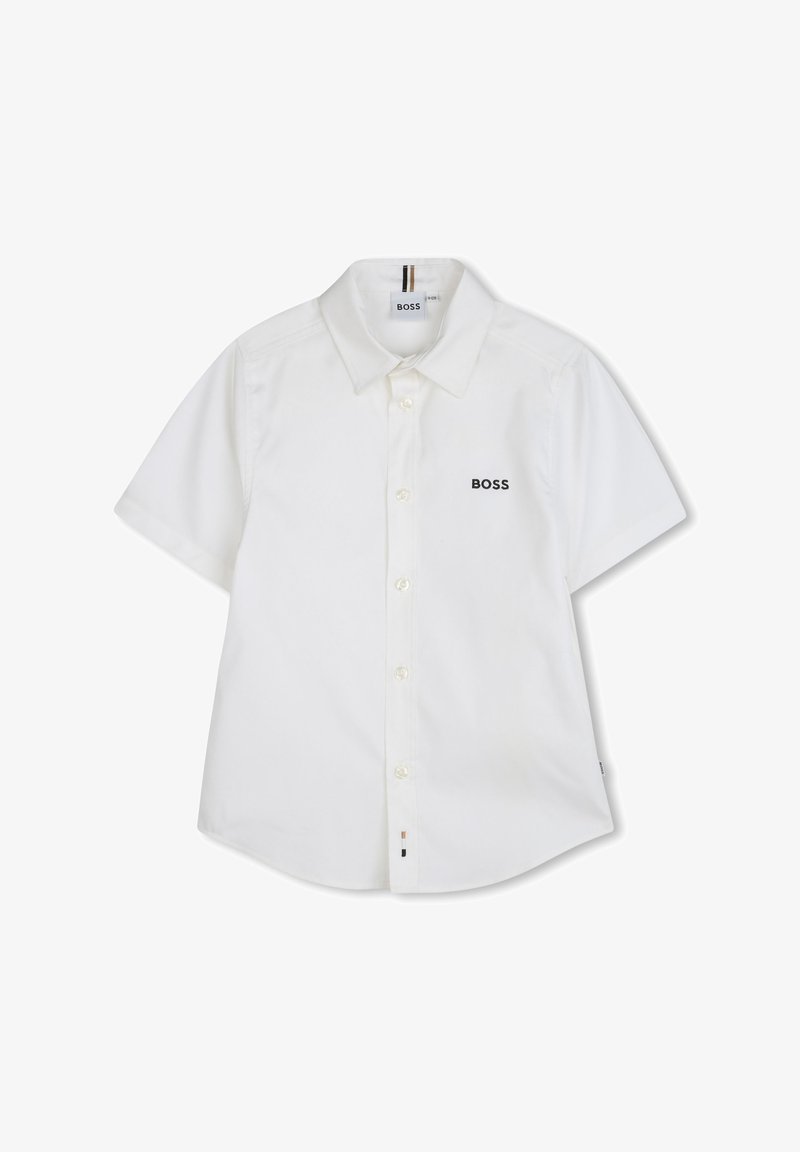 Katoenen witte overhemd met korte mouwen en een button-down kraag. Heeft een klein zwart 'BOSS' logo en een contrasterende gestreepte detail aan de zoom.