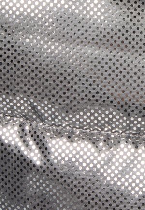 Zilveren gaasstof met kleine ronde perforaties, een licht glanzende textuur en een gestikte naad aan de onderkant. EEN uniforme en lichtgewicht uitstraling.