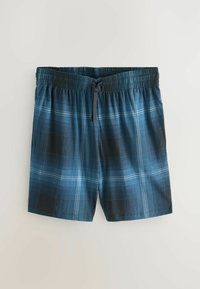 Blå ternede badebukser med elastisk linning og justerbar snor. Har forskellige nuancer af blå og sort i et ternet mønster.