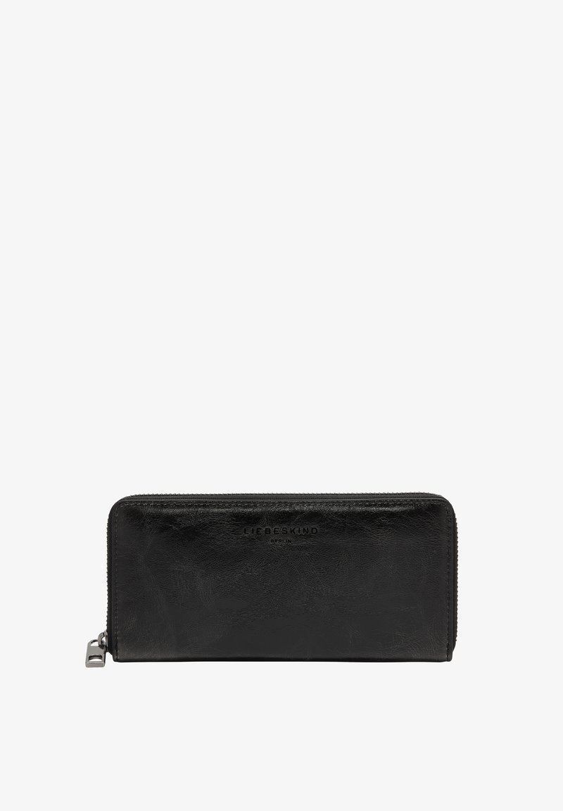 Black leather wallet with a textured surface, zip closure, and embossed brand name. Dimensions are compact for easy carrying.