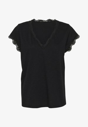 T-shirt nera con scollatura a V rifinita in pizzo, maniche corte con bordi in pizzo scallop, e un tessuto morbido e testurizzato.