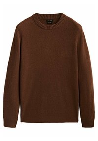 Brązowy sweter z okrągłym dekoltem, wykonany z miękkiego, teksturowanego materiału. Posiada długie rękawy oraz ściągacze przy mankietach i dolnej krawędzi. Prosty, klasyczny fason.