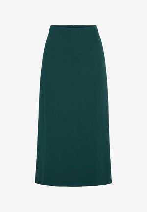 Jupe teal arrivant aux genoux, fabriquée en tissu doux avec une texture lisse, dotée d'une taille élastique et d'une silhouette droite. Pas de motifs visibles.