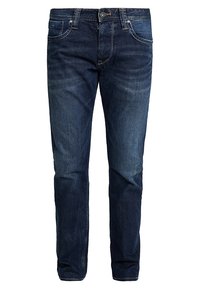 Mörkblå jeans i denim med rak passform. Har fem fickor, bälteshällor och kontrasterande sömnad. Klassisk design och textur.