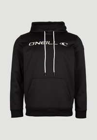 Sudadera con capucha negra con bolsillo delantero, cordones blancos y el logo "O'Neill" en blanco en el pecho. Textura de tela suave.
