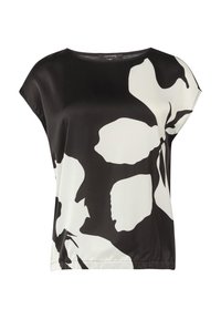 Sort-hvid kortærmet bluse med stort abstrakt blomstermotiv og rund halsudskæring.