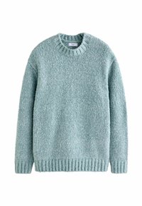 Lys teal strikket sweater med rund hals, ribbede manchetter og kant. Lavet af struktureret garn med et hyggeligt design, der er velegnet til hverdagstøj.