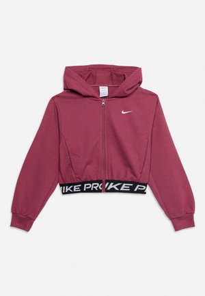 Bordeauxfarbener, kurzer Zip-Hoodie mit Kapuze, langen Ärmeln, weißem Nike-Logo auf der Brust und schwarzem elastischem Bund mit weißem "NIKE PRO" Schriftzug.