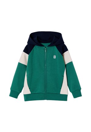 Child's green zip-up hoodie with navy hood, cream shoulder and side panels, and small logo on the chest, shown on a white background.
