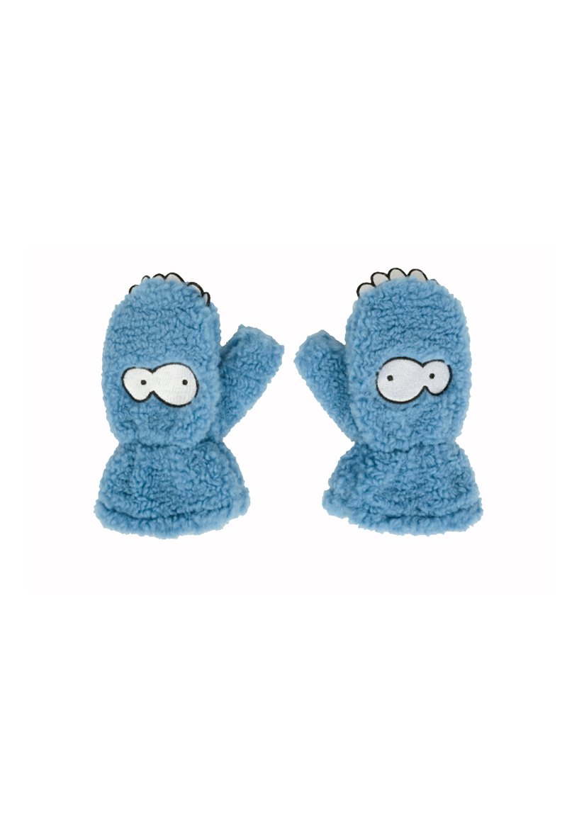 Niebieskie pluszowe rękawiczki z miękkiego, teksturowanego materiału, z białymi oczami i czarnymi akcentami, zaprojektowane w stylu postaci z kreskówek.
