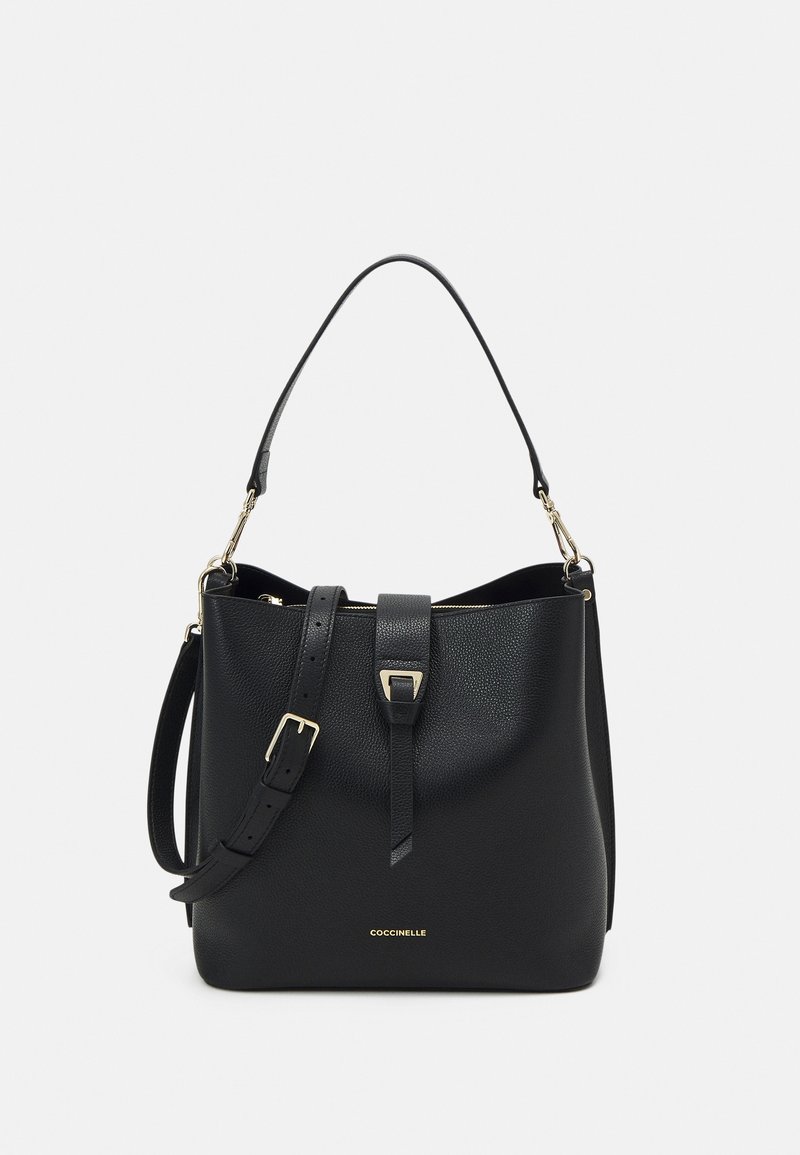 Black leather bucket bag with a textured finish, a top handle, and an adjustable shoulder strap. Features a gold-tone buckle and logo.