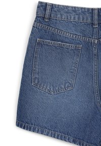 Denim shorts in medium blue, featuring a back pocket, belt loops, and a hemline with a slightly frayed edge for a casual look.