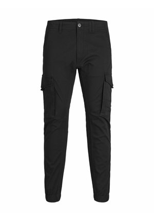 Pantalons cargo noirs avec deux poches latérales, un design ajusté, des poignets élastiques et une fermeture par bouton à la taille. Fabriqué en tissu durable.