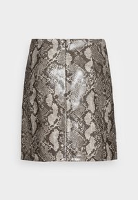 Mini-jurk met slangenleerpatroon in grijstinten en zilver, met een gladde textuur en een rechte snit met een centrale achternaad.