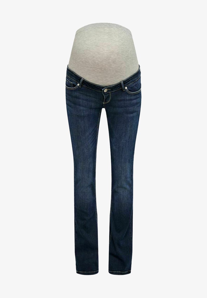 Nėštumo džinsai su tamsiai mėlynos denim medžiagos apdaila, pasižymintys elastinga pilvo panelėmis pilkos spalvos ir klasikiniu penkių kišenių dizainu. Plonas tiesus kelnių kirpimas.