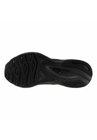 Suela de zapato de goma negra con superficie texturizada, surcos y un diseño elegante, que presenta múltiples patrones de tracción y un talón suave.