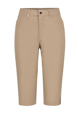 Beige knielange, maßgeschneiderte Hosen mit Gürtelschlaufen, Knopfverschluss und dezenten seitlichen Schlitzen am Saum.