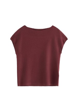 Burgundy kort topp gjord av mjukt tyg, med korta ärmar och en vid halsringning. Slät textur med en enkel, odekorerad design.