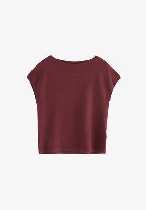 Burgundy cropped top made of soft fabric, featuring short sleeves and a wide neckline. Smooth texture with a simple, unembellished design.