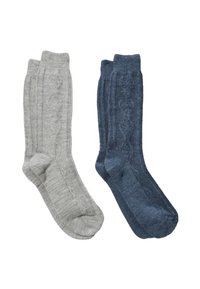 Deux paires de chaussettes montantes : une grise avec une texture côtelée, l'autre bleu foncé avec un motif torsadé.