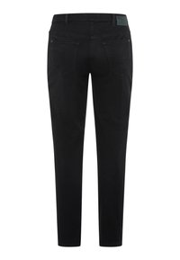 Jean en denim noir à coupe slim, avec des poches arrière, une étiquette en cuir sur la taille et une texture lisse.