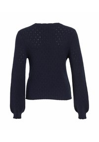 Pull côtelé en maille bleu marine à manches longues, présentant un motif texturé et un col rond. Vue de dos avec pinces pour la mise en forme.