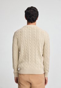 Pull en tricot beige avec un col rond et un ourlet côtelé, présentant des motifs torsadés verticaux. Porté sur un pantalon marron clair.