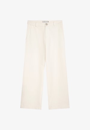 Weit geschnittene Hosen aus einem weichen elfenbeinfarbenen Stoff mit vorderer Knopfverschluss, Gürtelschlaufen und zwei seitlichen Taschen für den praktischen Gebrauch.