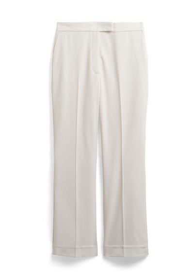 Pantaloni di un colore crema chiaro, con un design a gamba dritta, tasche frontali e una texture di tessuto liscia. Presentano un delicato dettaglio di piega.