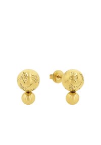 Pendientes de oro que presentan dos componentes esféricos: una esfera superior texturizada con patrones florales y una esfera inferior lisa.