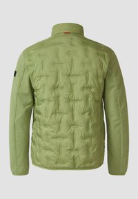 Hellgrüne gesteppte Jacke mit einfarbigen Ärmeln aus Stoff, Stehkragen und einem kleinen roten Etikett am hinteren Kragen, von hinten gezeigt.