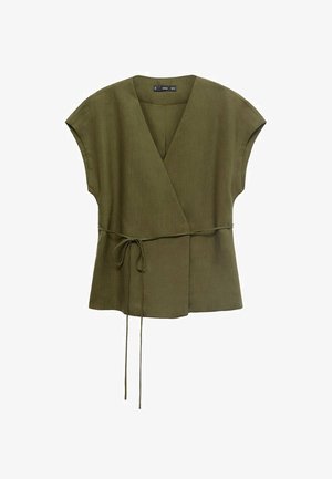 Olijf groene wikkel top met korte mouwen, strik taille detail en een gestructureerde stof. Heeft een diepe V-halslijn en een losse pasvorm.