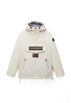 Creme-kleurige pullover jack met een capuchon, ritszakken aan de zijkant, een Noorse vlagpatch en een gebrandmerkte voorkant met tekst.