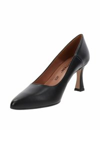 Scarpa con tacco alto in pelle nera, con punta affilata, design elegante e tacco affusolato con una base a blocco discreta. Interno con finitura marrone.