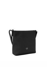 Borsa nera a tracolla realizzata in materiale testurizzato, con un semplice design rettangolare, tracolla regolabile e una discreta accentatura del logo.
