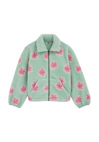 Giacca in pile verde menta con motivi di fiori rosa, cerniera frontale, colletto, polsini elastici e due tasche frontali.